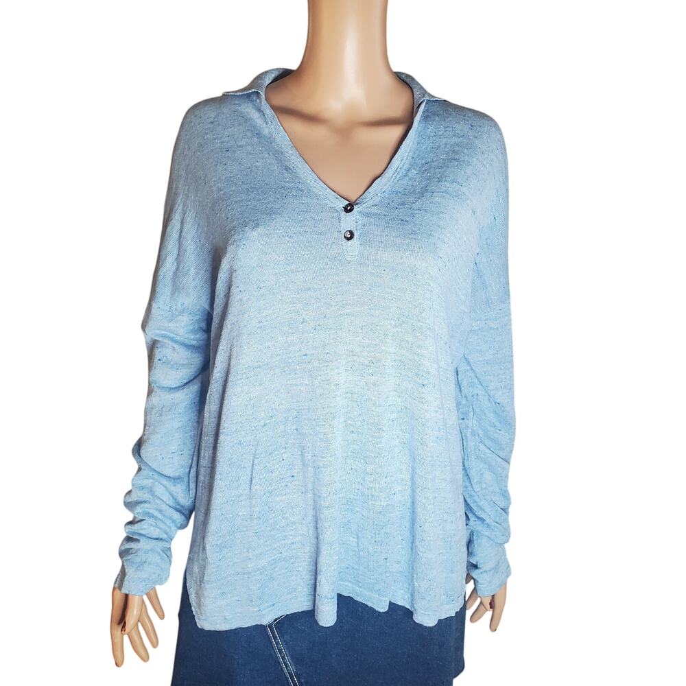 J Mclaughlin Size L Light Blue Long Sleeve Henley Pullover Top Linen Classic